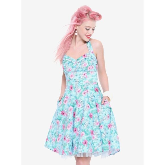 Hot Topic Womens Rockabilly Swing Dress Sz Medium Blue Floral Tiki Halter VLV - Picture 1 of 14